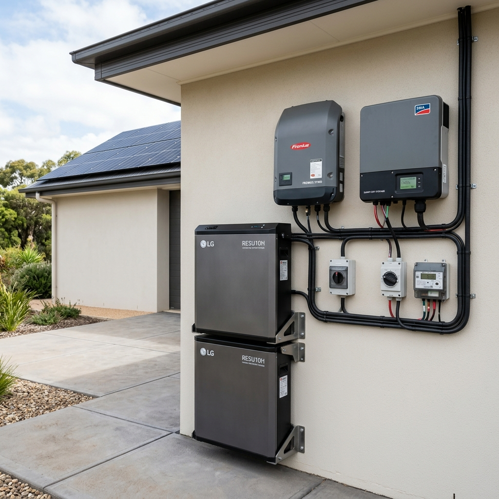 Sleek inverters and battery cabinets on a clean wall